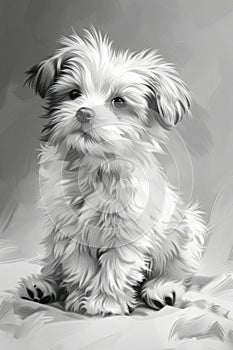 Captured in a soft grey light, this young, soulful-eyed puppy black and white fur