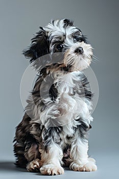 Captured in a soft grey light, this young, soulful-eyed puppy black and white fur