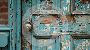 captures a close-up of a weathered blue door with peeling paint. The texture of the worn paint and the vibrant blue