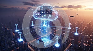 Futuristic cloud computing technology digital data stream cityscape technology concept