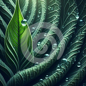 capturing the beauty of green leaves adorned with dewdrops photo
