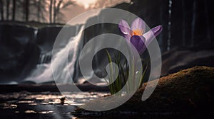 Capturing The Beauty Of Waterfall And Crocus Flower At Sunrise In The Style Of Michal Karcz And Felicia Simion photo