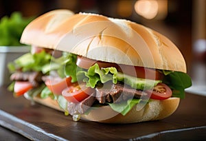 Capturing the Delicious Detail of a Beef Sandwich in Restaurant Ambiance