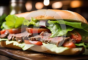 Capturing the Delicious Detail of a Beef Sandwich in Restaurant Ambiance