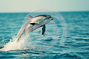 Capturing the elegance of a dolphin jumping out of the water in the ocean. one of jumping dolphins,beautiful seascape with deep