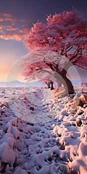 Capturing The Enchanting Beauty Of A Pink Blossom Tree In A Snowy Fantasy Landscape