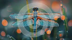 Capturing the enchanting iridescence of a dragonfly on a blade of grass in photorealistic style photo