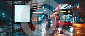 Capturing the Essence of London: A Vibrant Red Bus at a Bus Stop with a Blank Billboard