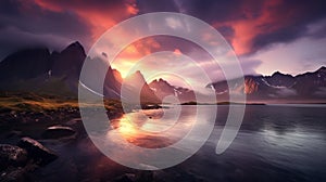 Capturing The Essence Of Nature: A Serene Sunset Mountain Scenery In Icelandic Landscape