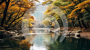 Capturing The Essence Of Nature: A Tranquil River Surrounded By Colorful Trees photo