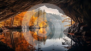 Capturing The Essence Of Nature: Water Inside A Cave With Autumn Trees