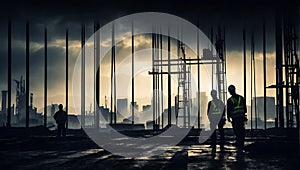 Capturing the Essence of Urban Labor Silhouettes of Construction Workers Amidst Cityscape