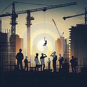 Capturing the Essence of Urban Labor Silhouettes of Construction Workers Amidst Cityscape