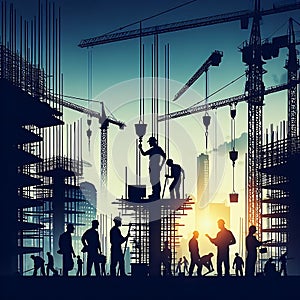 Capturing the Essence of Urban Labor Silhouettes of Construction Workers Amidst Cityscape