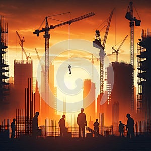 Capturing the Essence of Urban Labor Silhouettes of Construction Workers Amidst Cityscape