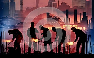 Capturing the Essence of Urban Labor Silhouettes of Construction Workers Amidst Cityscape