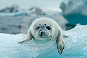 Capturing the innocence baby seal pup gazing from iceberg in cinematic photorealistic photography