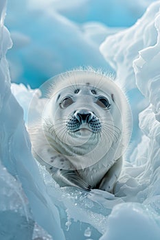 Capturing the innocence baby seal pup on iceberg, gaze fixed in photorealistic beauty