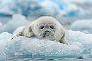 Capturing the innocence baby seal pup resting on iceberg, gazing with vulnerable dark eyes