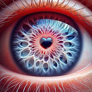 A close-up view of the human eye with pupil resembling a heart shape