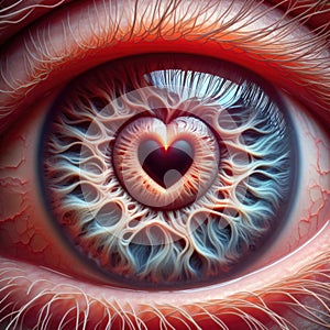 A close-up view of the human eye with pupil resembling a heart shape