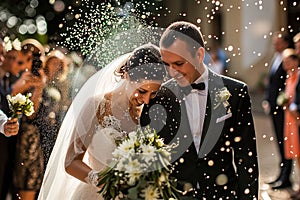 Capturing The Joyful Wedding Ceremony Newlyweds Showered In Rice Photographs