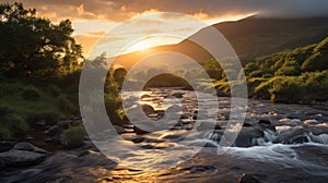 Capturing The Majestic Scottish Mountain Stream At Golden Hour