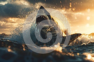 Capturing the majesty great white shark in a powerful breach, spotlighting its strength and agility photo