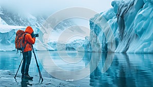 Capturing Nature\'s Beauty: A Professional Photographer with Modern Camera and Tripod amidst Iceberg photo