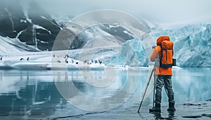Capturing Nature\'s Beauty: A Professional Photographer with Modern Camera and Tripod amidst Iceberg Landscape photographing