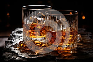 Capturing the perfect composition. glass of whiskey with distinctive and visible ice cubes