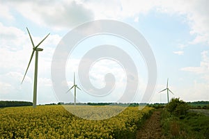 Wind turbines, in rape seed oil fields 3, in Marr, Doncaster, South Yorkshire. photo