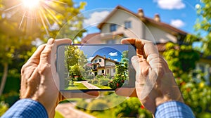 Capturing a sunny suburban home with a smartphone on a perfect day. Photography and technology merge. Idyllic residence