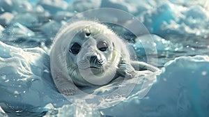 Capturing the tender curiosity baby seal pup on iceberg in cinematic photorealistic composition