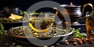 Capturing the Tranquil Beauty of an Invigorating Asian Tea Infusion. Concept Asian Teahouse, Tea Ceremony, Serene Backdrops,