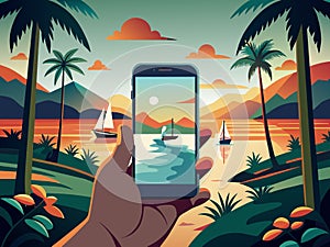 Capturing Tropical Sunset on Smartphone: Palm Trees, Mountains and Sailing Boats  photo