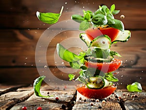 Capturing the vibrancy of fresh tomato, cucumber, and basil in mid-air with a sprinkle of spices