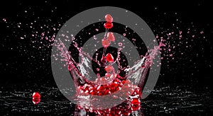 Pomegranate Splash: Seeds Exploding in Red Juice on a Black Background