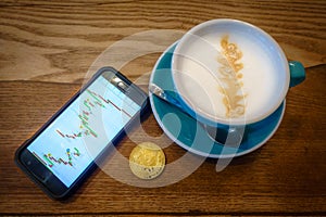 Capuccino and bitcoin gold coin on the table in cafe