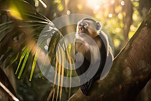 Capuchin monkey in a beautiful sunlit forest with golden light rays