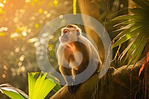 Capuchin monkey in a beautiful sunlit forest with golden light rays