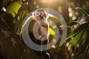 Capuchin monkey in a beautiful sunlit forest with golden light rays