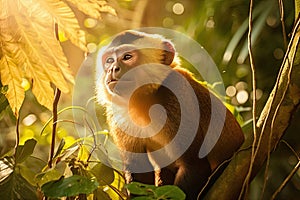 Capuchin monkey in a beautiful sunlit forest with golden light rays