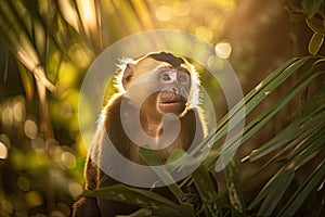 Capuchin monkey in a beautiful sunlit forest with golden light rays