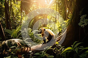 Capuchin monkey in a beautiful sunlit forest with golden light rays