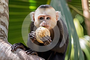 Capuchin monkey eating a coconut in a beautiful sunlit forest with golden light rays