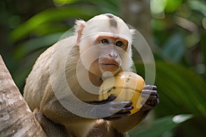 Capuchin monkey eating a coconut in a beautiful sunlit forest with golden light rays