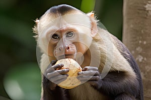 Capuchin monkey eating a coconut in a beautiful sunlit forest with golden light rays