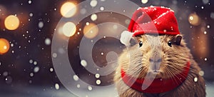 Capybara Celebrates Christmas in Style with Santa\'s Hat. Banner. Space for text. Generative AI