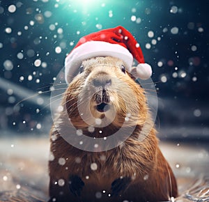 Capybara Celebrates Christmas in Style with Santa\'s Hat. Generative AI